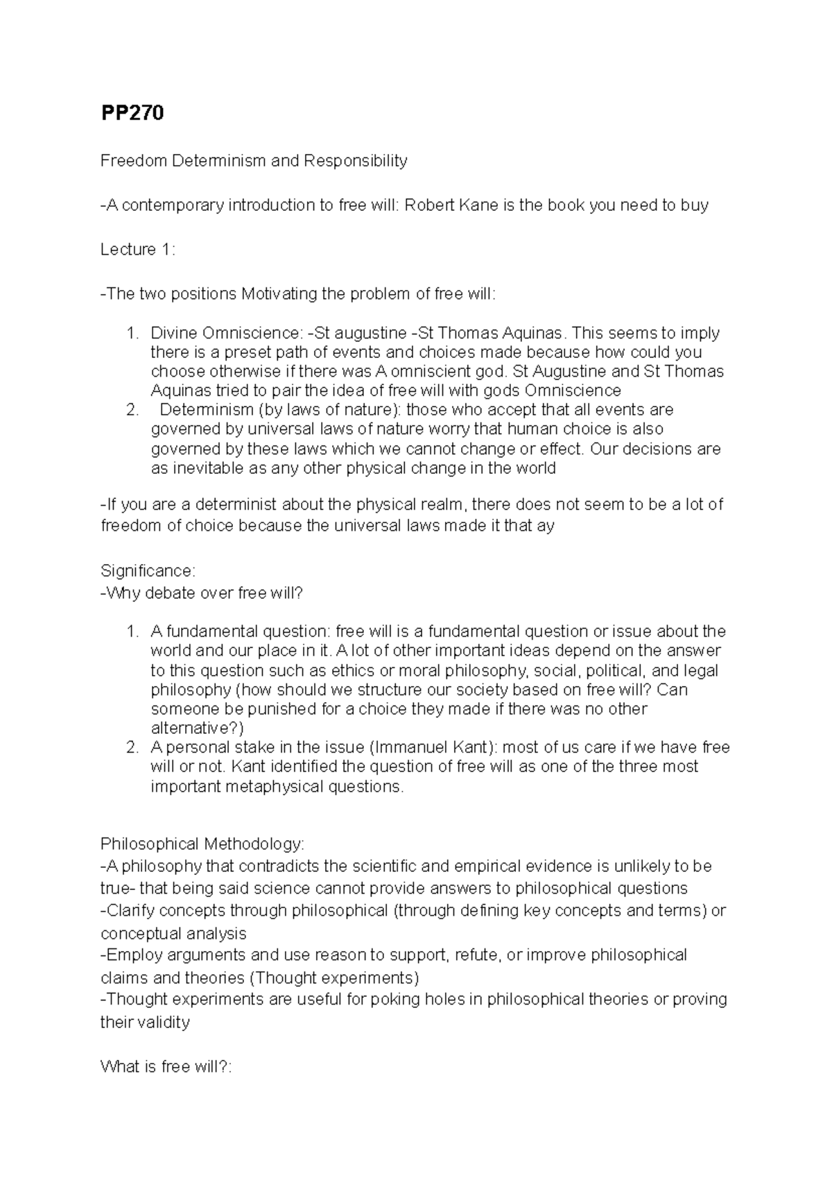 PP 270 Freedom Determinism Notes - PP Freedom Determinism and ...