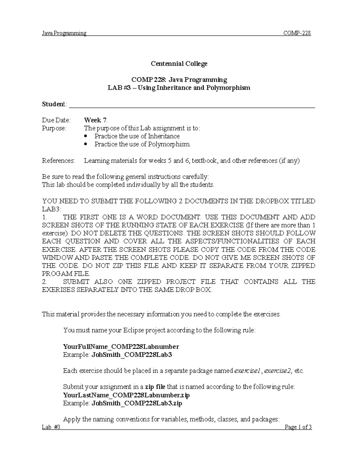 Java Programming Comp228 THIRD LAB ASSIGNMENT - Java Programming COMP ...