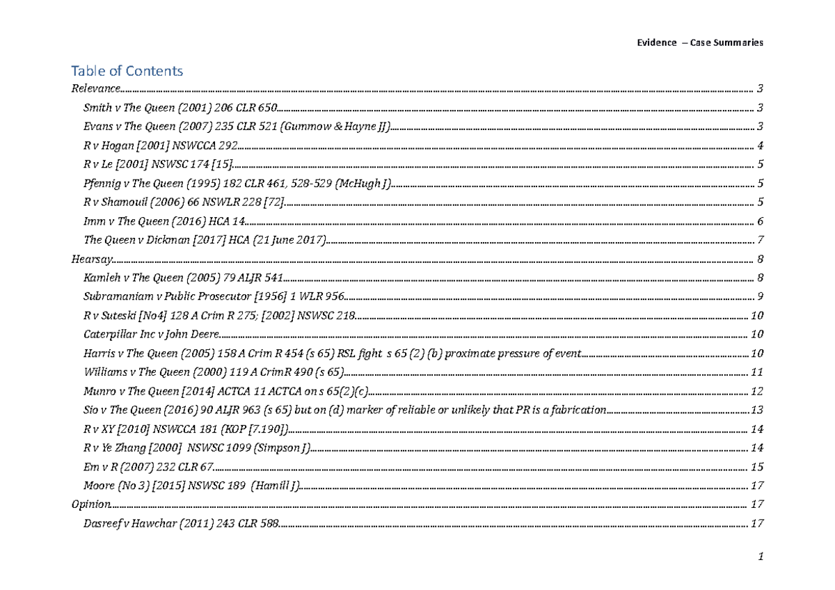 Evidence Case Summaries Studocu