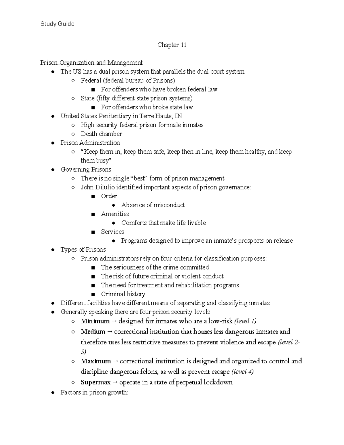 Introduction To Criminal Justice - Study Guide Chapter 11 Prison ...