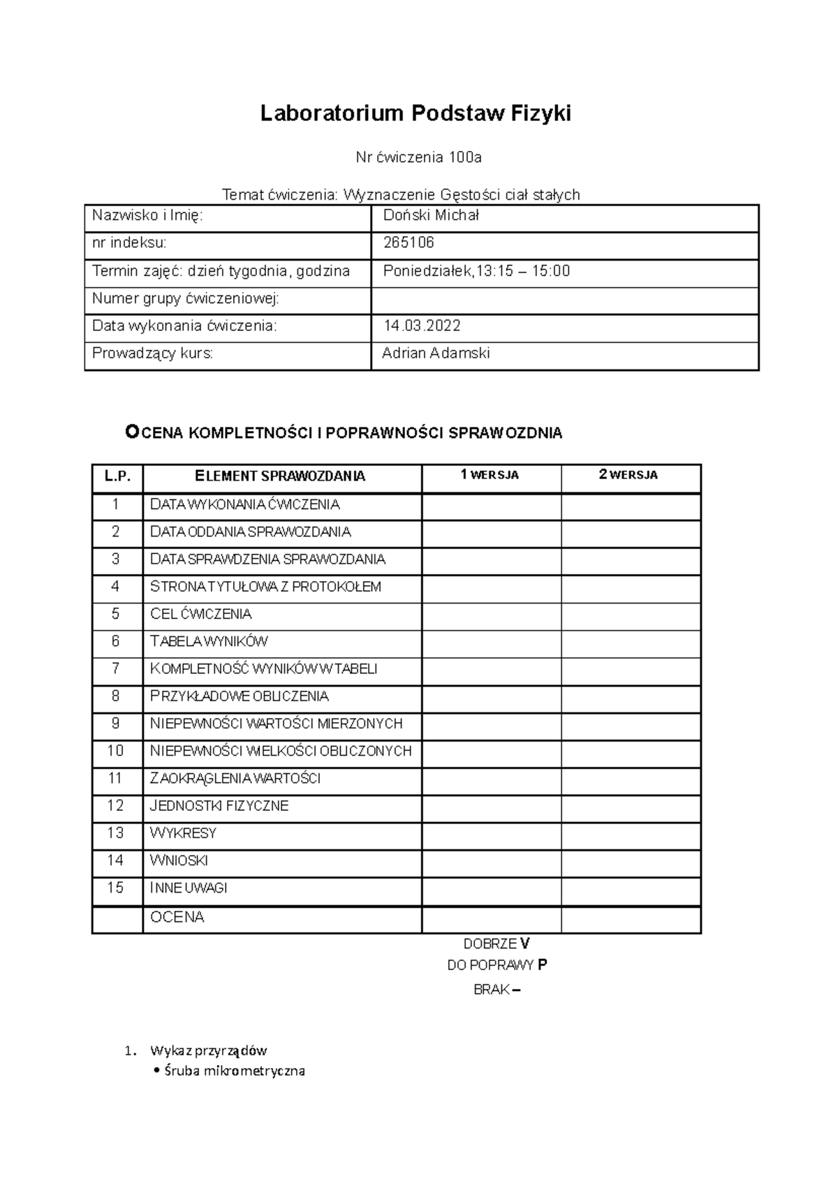 Sprawozdanie Z Fizyki 1 - Laboratorium Podstaw Fizyki Nr ćwiczenia 100a ...