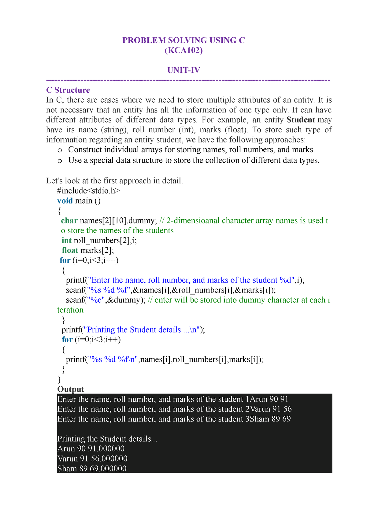 UNIT-IV - PROBLEM SOLVING USING C (KCA102) UNIT-IV - C Structure In C ...