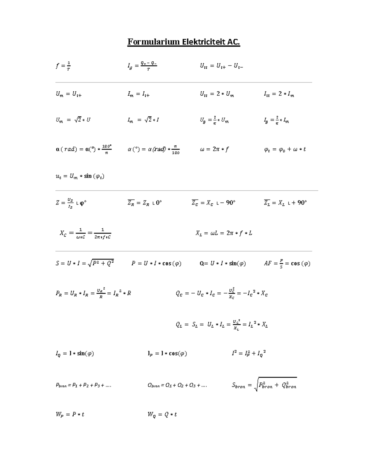 Microsoft Word - Formularium AC - Formularium Elektriciteit AC. 𝑓 = ଵ ் ...