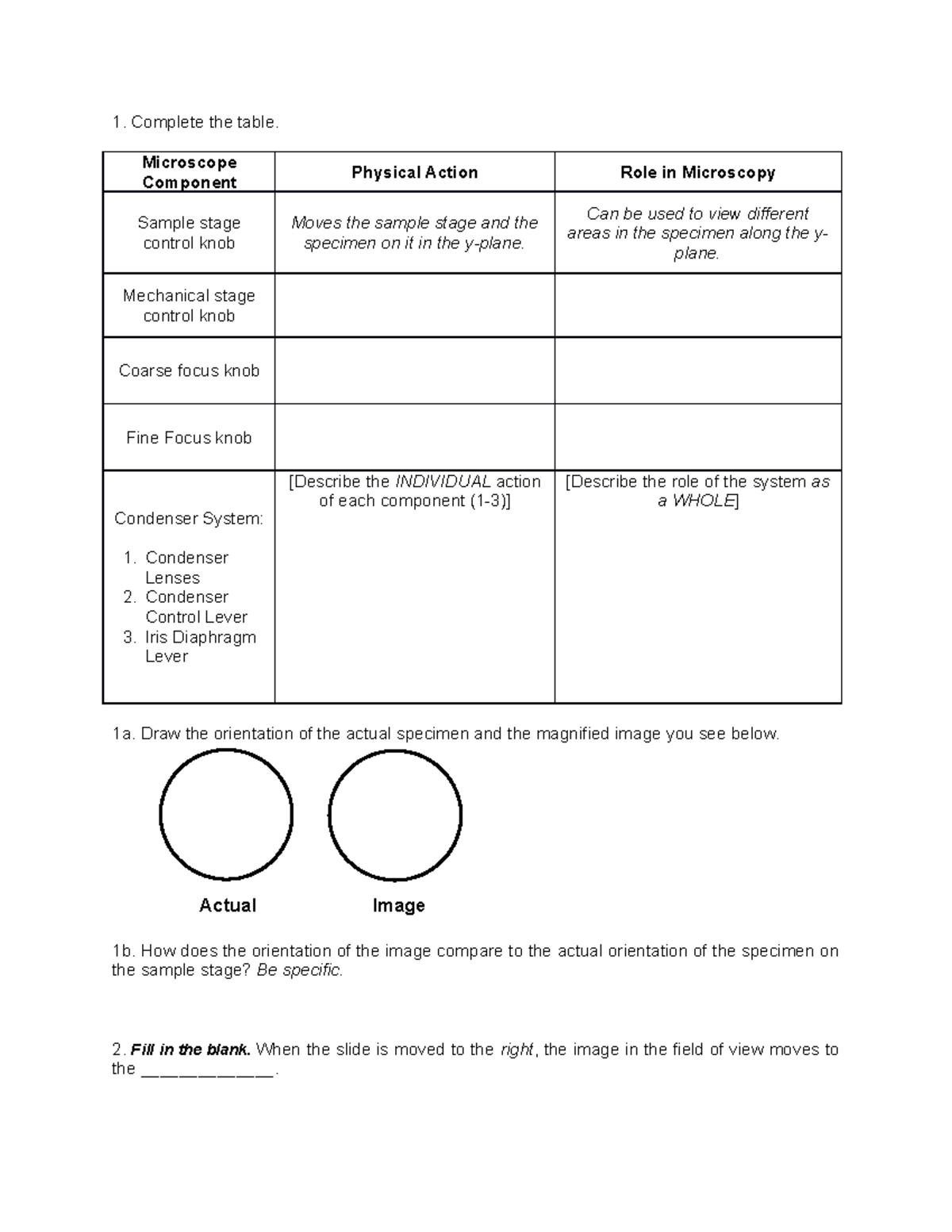 52 - x - exercise - Complete the table. Microscope Component Physical ...