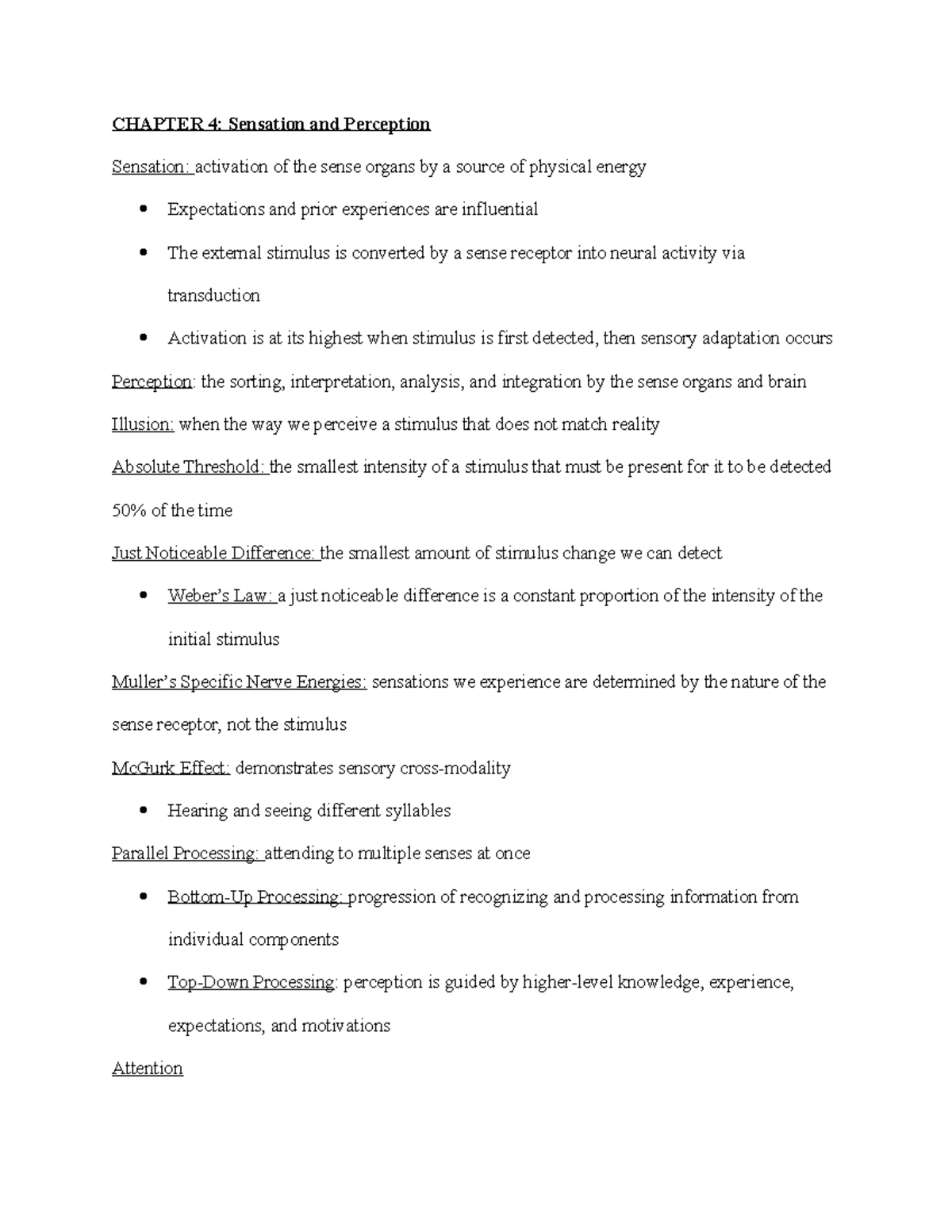 Chapter 4 PSCH - notes - CHAPTER 4: Sensation and Perception Sensation ...