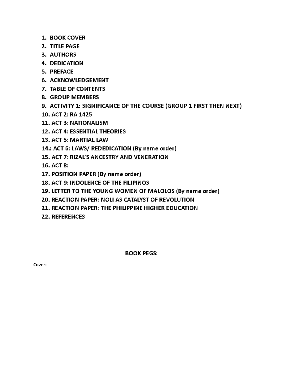 BOOK-PEGS - Lecture notes 3 - 1. BOOK COVER 2. TITLE PAGE 3. AUTHORS 4 ...