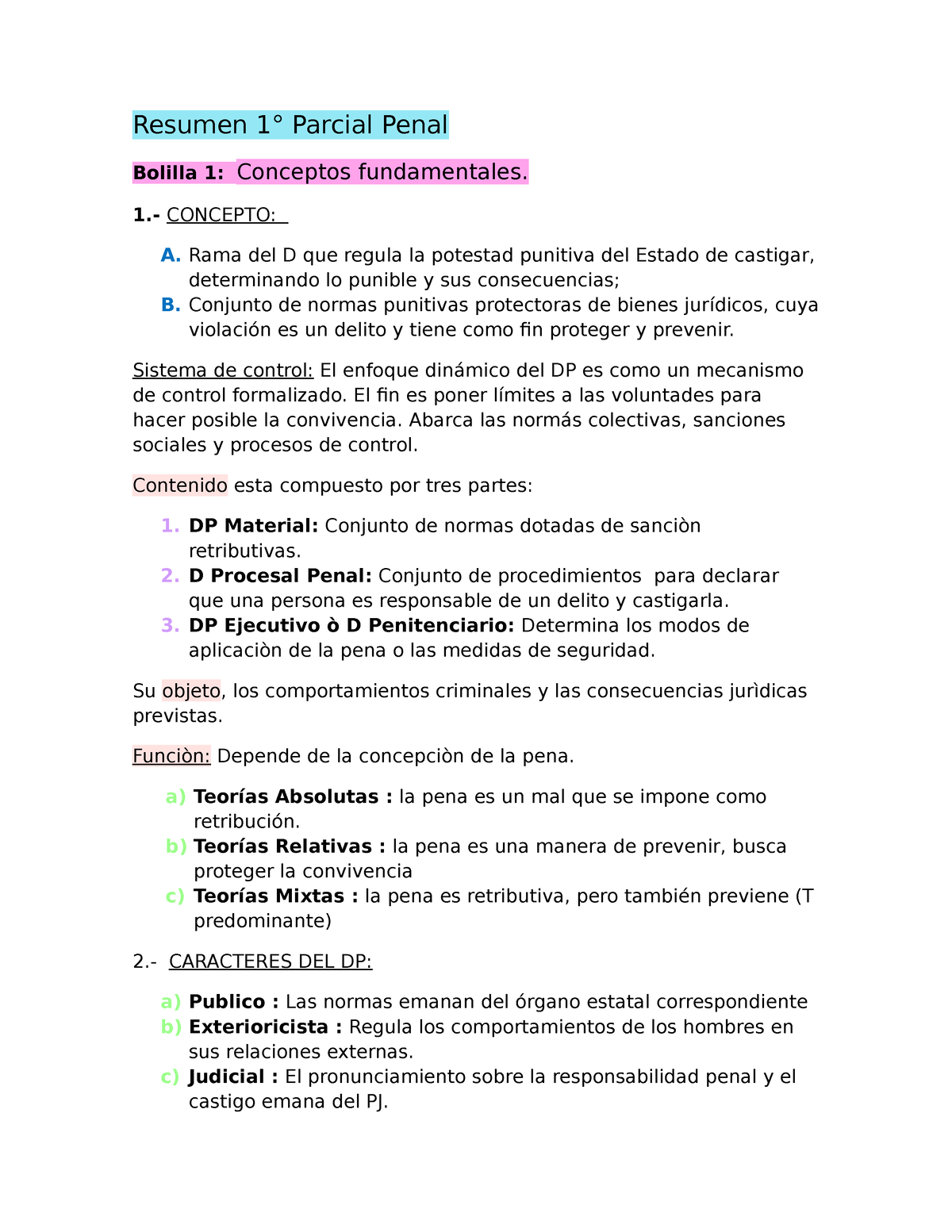 Resumen 1er Parcial-DP - Resumen 1° Parcial Penal Bolilla 1: Conceptos ...