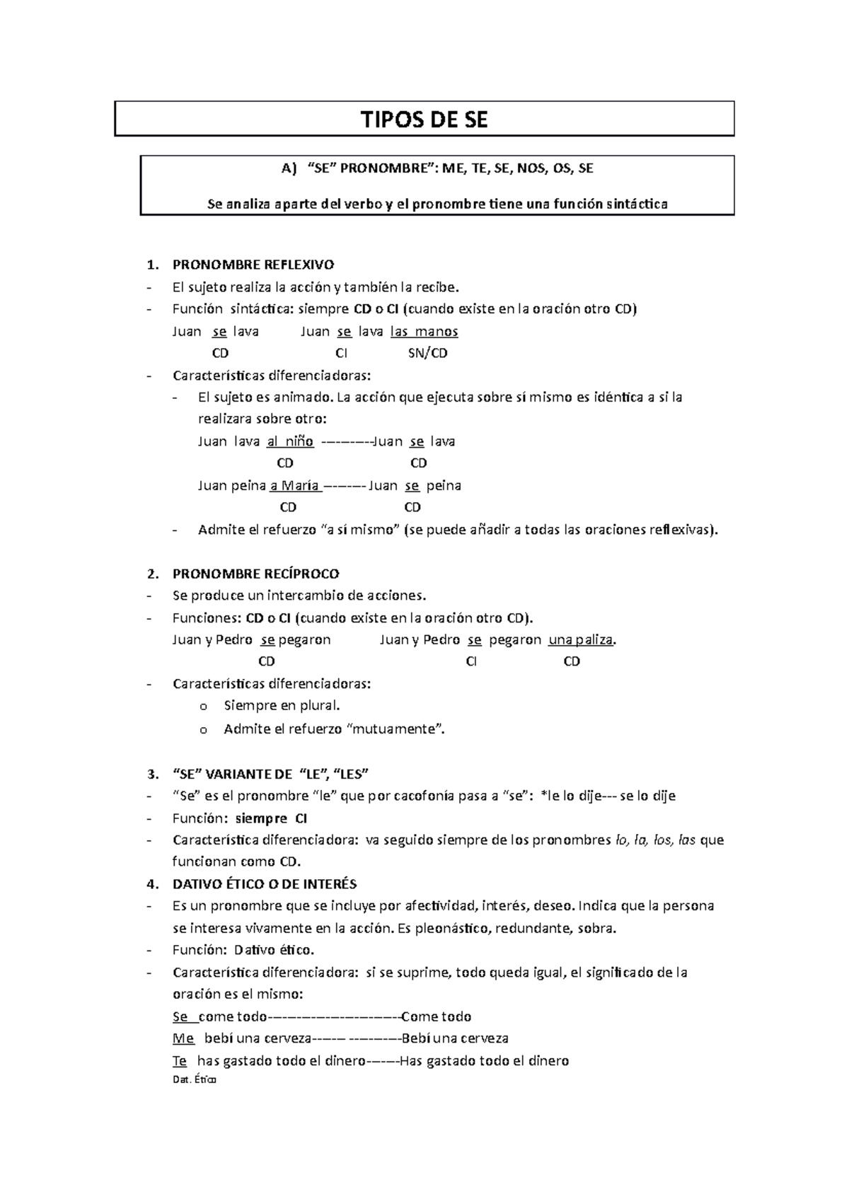3. Tipos DE SE - Apuntes 1-4 - TIPOS DE SE A) “SE” PRONOMBRE”: ME, TE ...