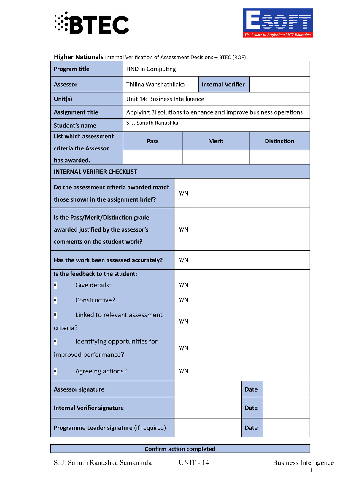 business intelligence assignment esoft