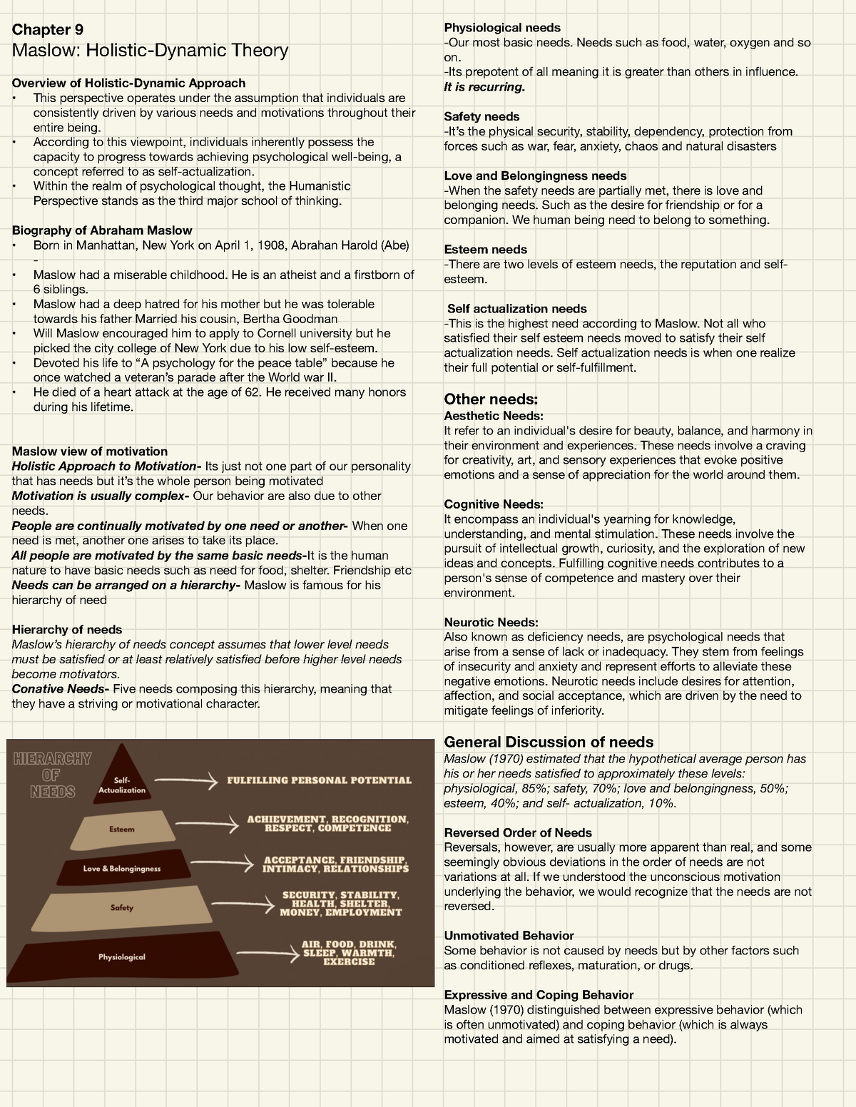 Abraham Maslow Handouts - Chapter 9 Maslow: Holistic-Dynamic Theory ...