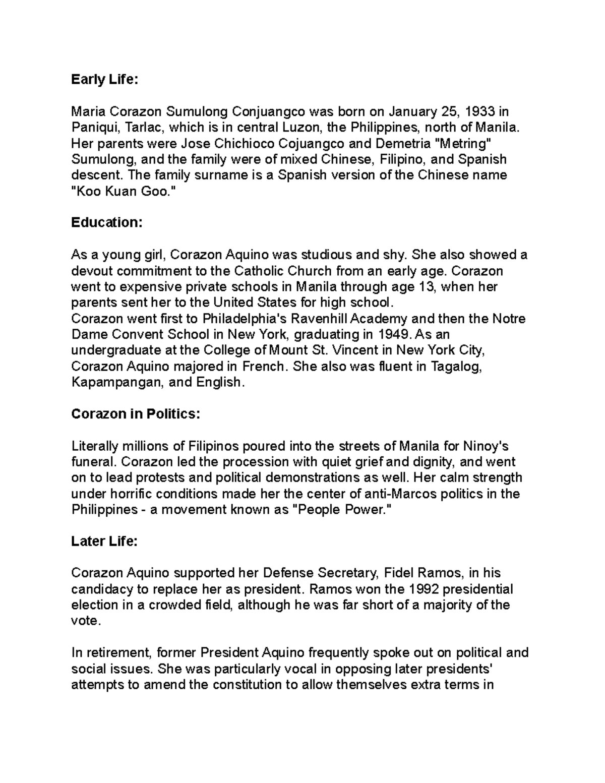 Administration of Corazon Aquino. Early life, Education, Politics and