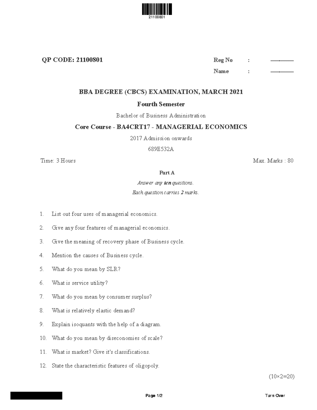MGU BBA SEM 4 MANAGERIAL ECONOMICS QUESTION PAPER - QP CODE: 21100801 ...