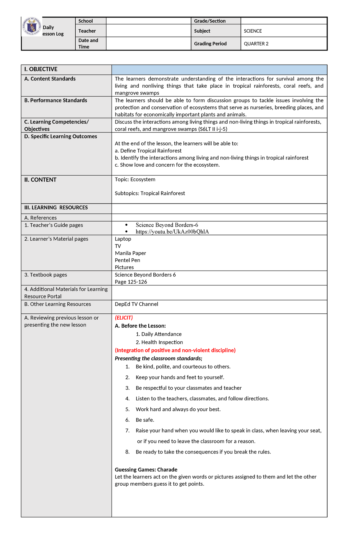 Tropical Rainforest - G-6 - Daily Lesson Log School Grade/Section ...