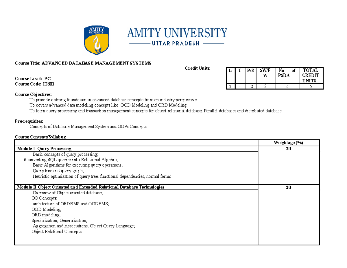 Adbms syllabus - IT601 - Course Title: ADVANCED DATABASE MANAGEMENT ...