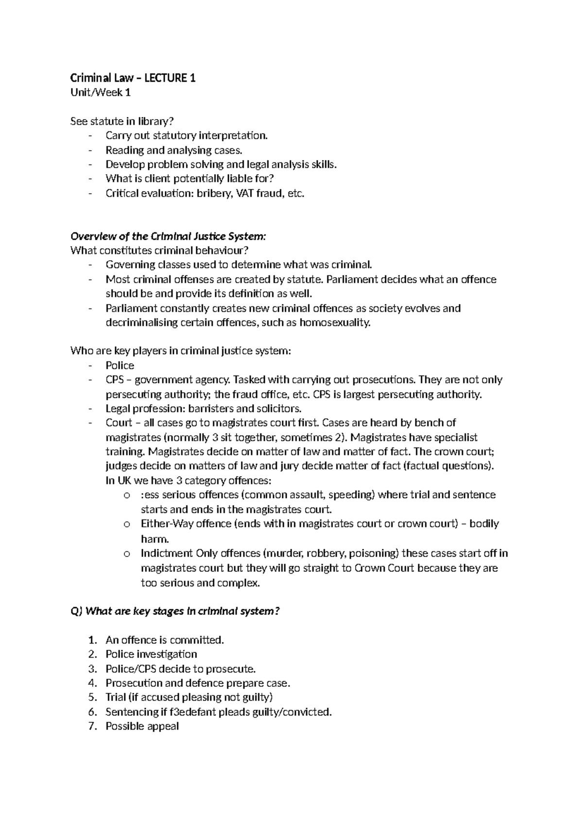 Lecture 1 - Criminal Law - Criminal Law – LECTURE 1 Unit/Week 1 See ...