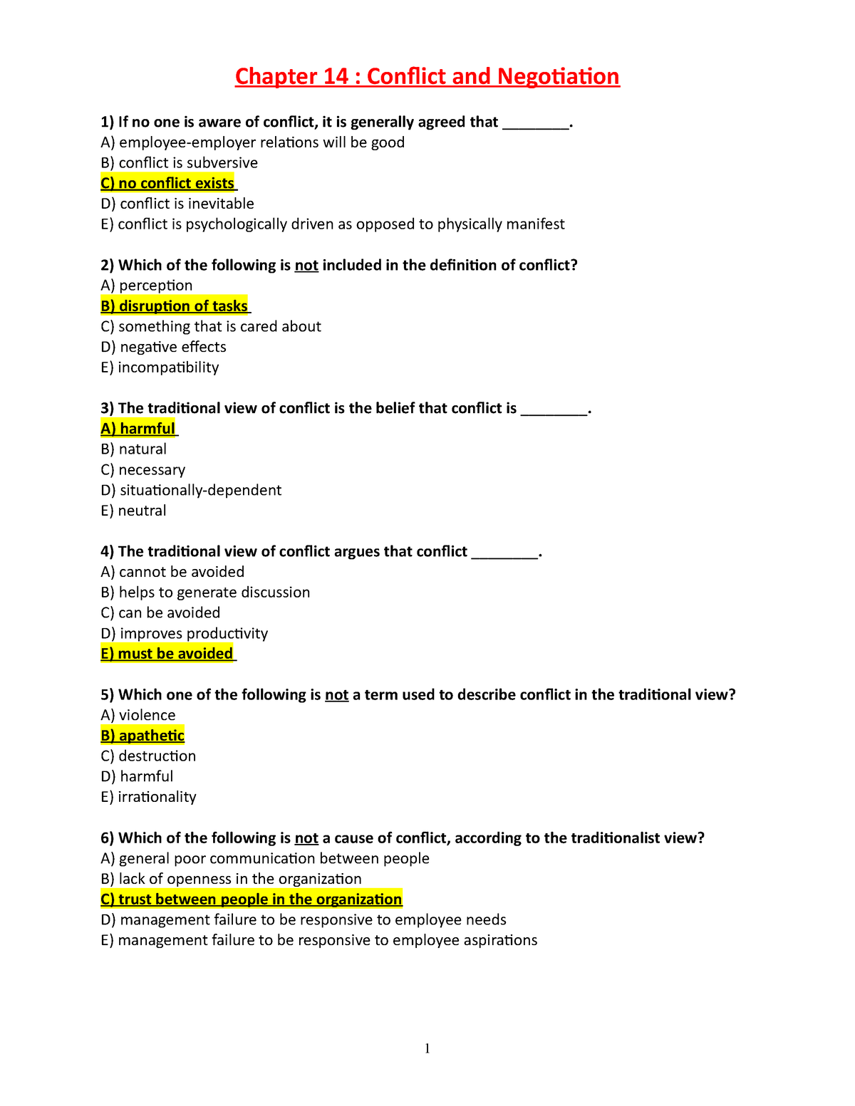 14 - TestBank - Chapter 14 : Conflict And Negotiation If No One Is ...