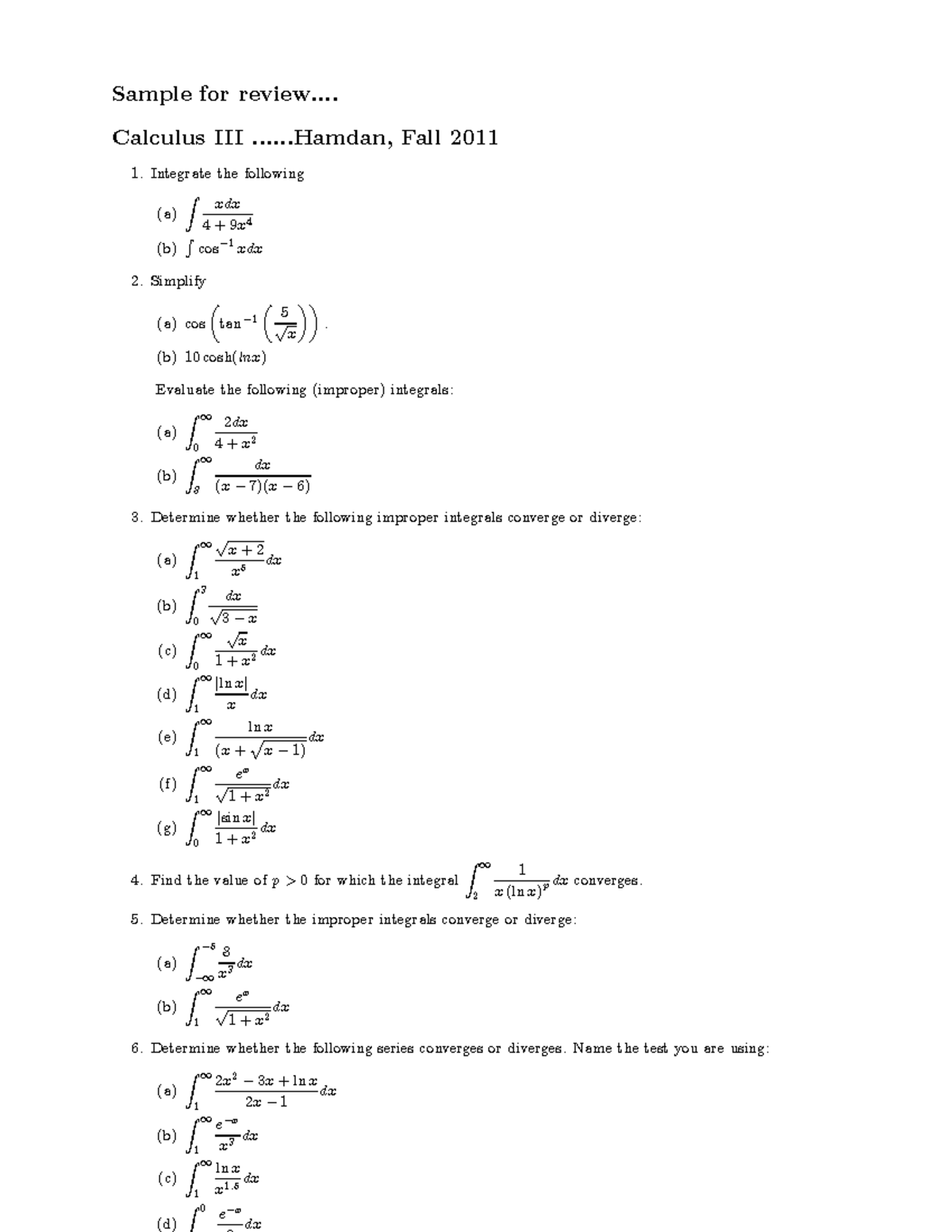 Exam 9 October 2011, questions - Sample for review.... Calculus III ...