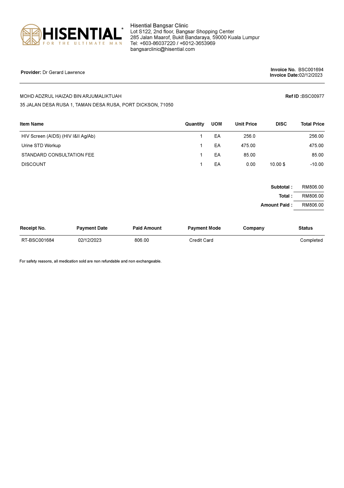 Invoice vbbmbmbm - Hisential Bangsar Clinic Lot S122, 2nd floor ...