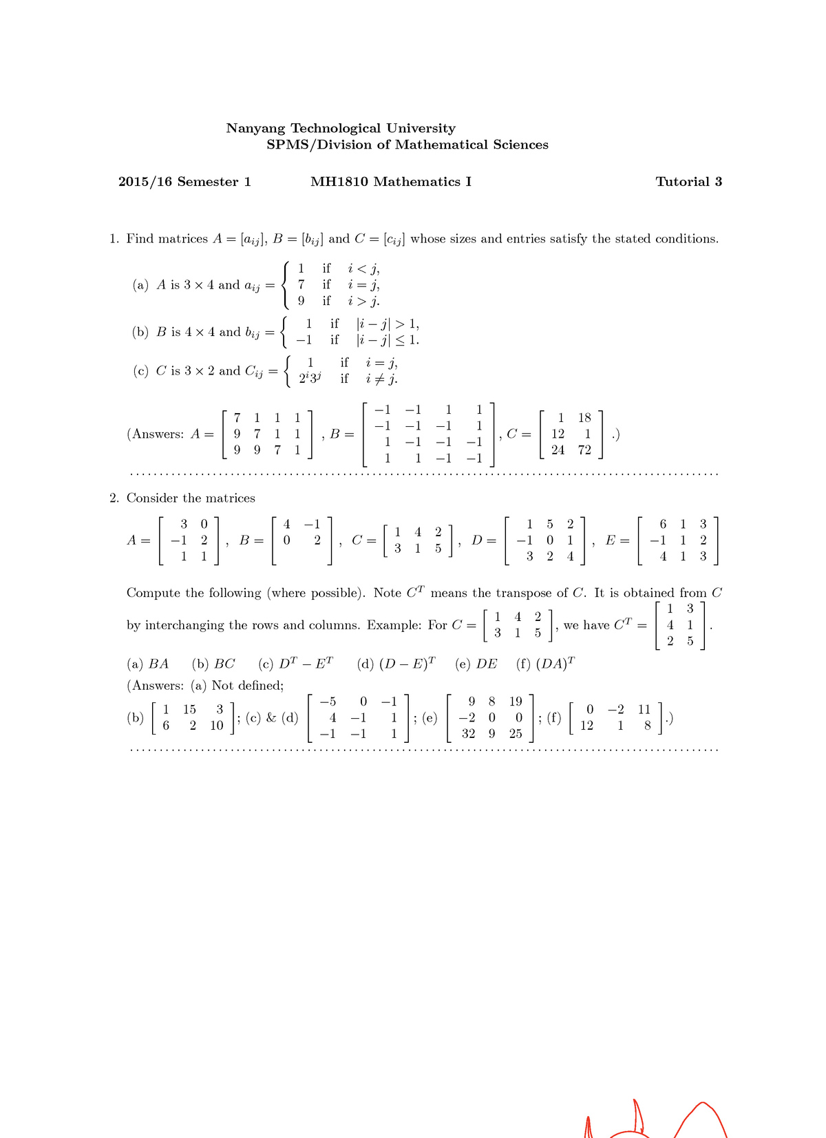 MH1810 Tut 3 Solns (Matrices) - MH1810 - NTU - Studocu