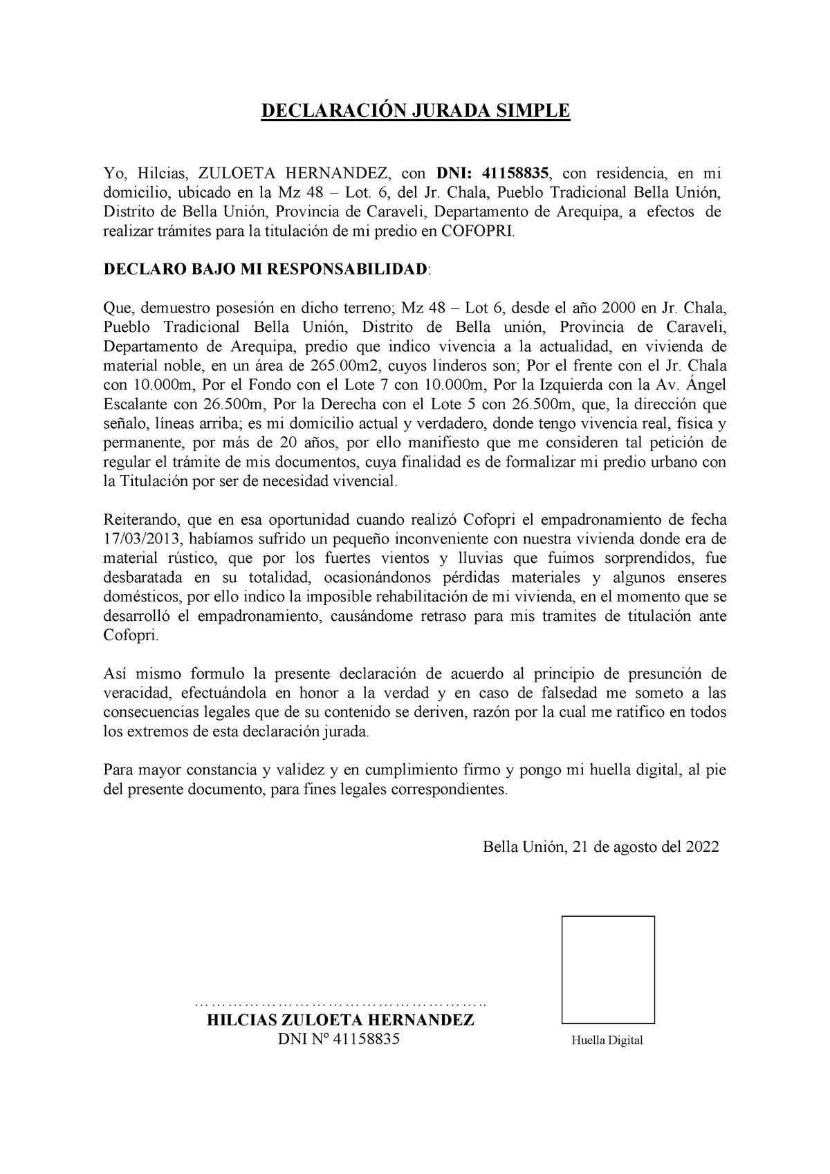 Declaracion Jurada Hilcias Zuloeta 2022 - DECLARACI”N JURADA SIMPLE Yo ...