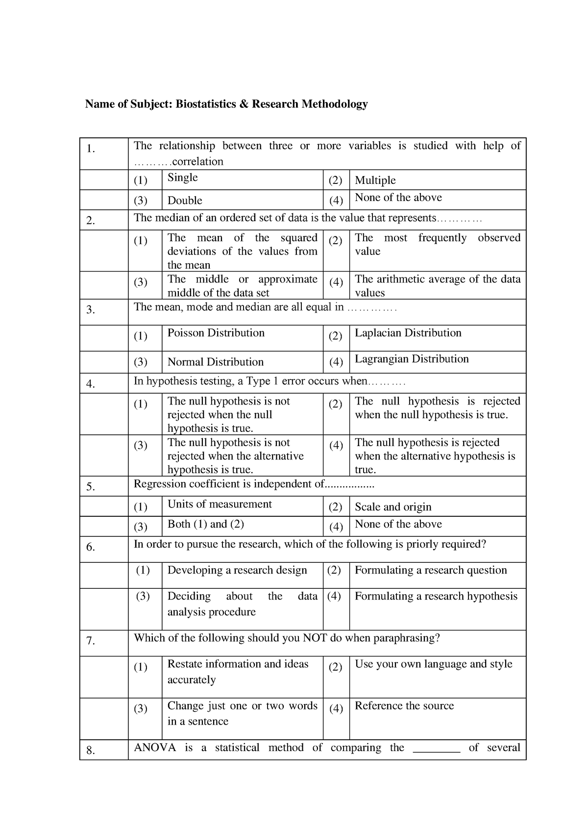 biostatistics and research methodology question bank pdf