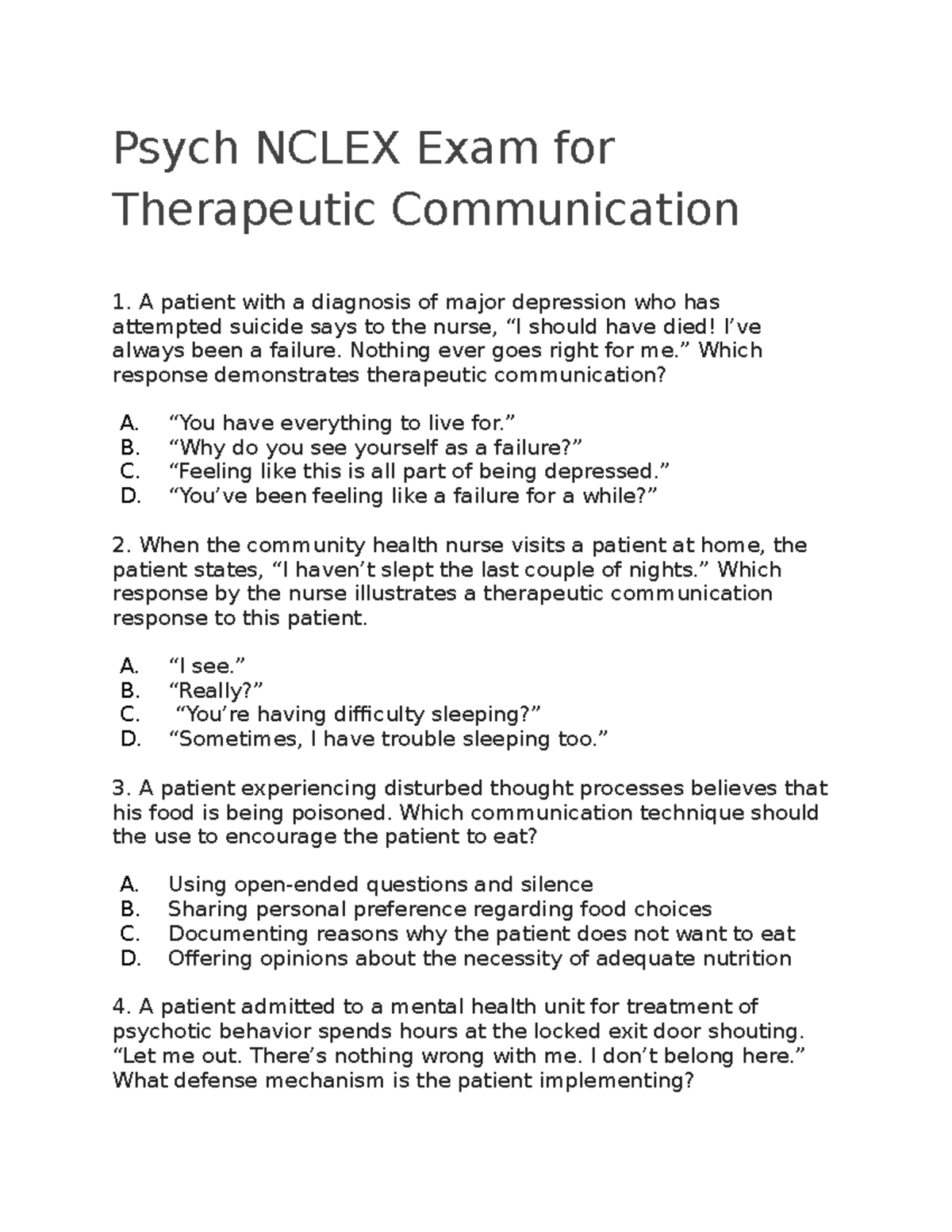 Questions Psych Nclex Exam for Therapeutic Communication Psych NCLEX