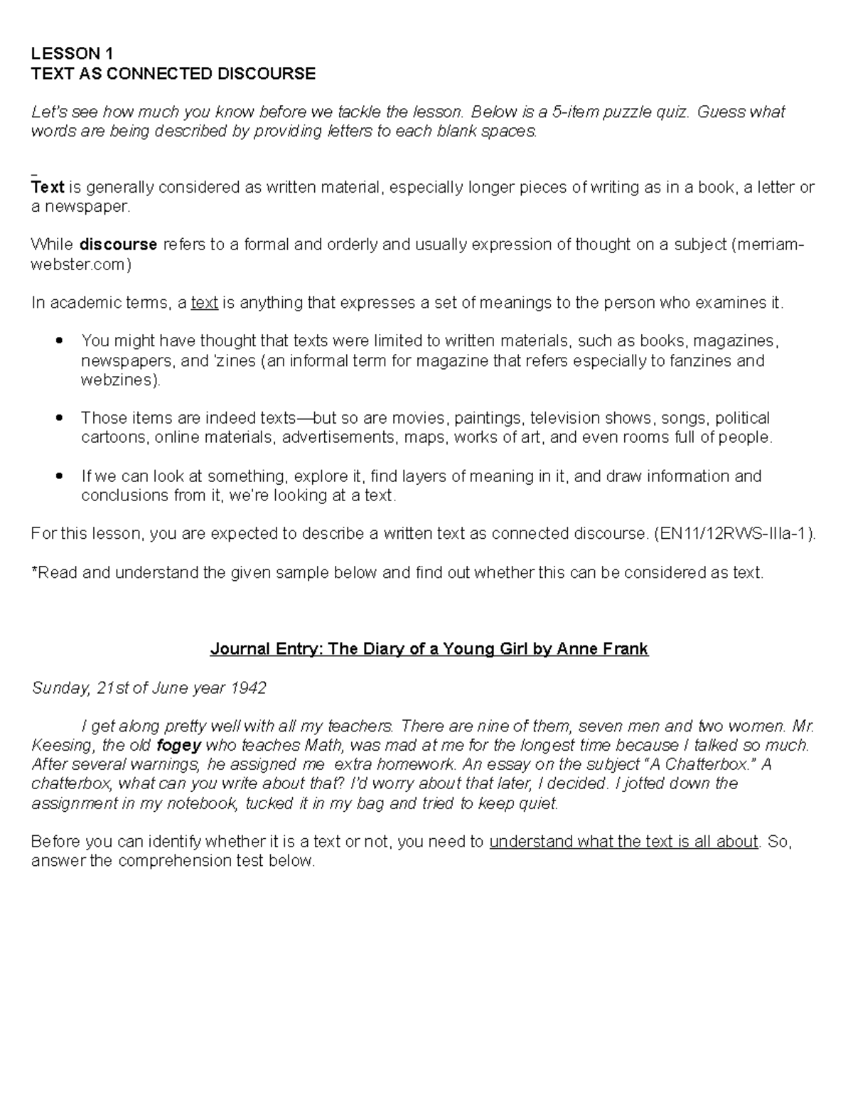 RWS-M1-L1 - Module Lesson - LESSON 1 TEXT AS CONNECTED DISCOURSE Let’s ...