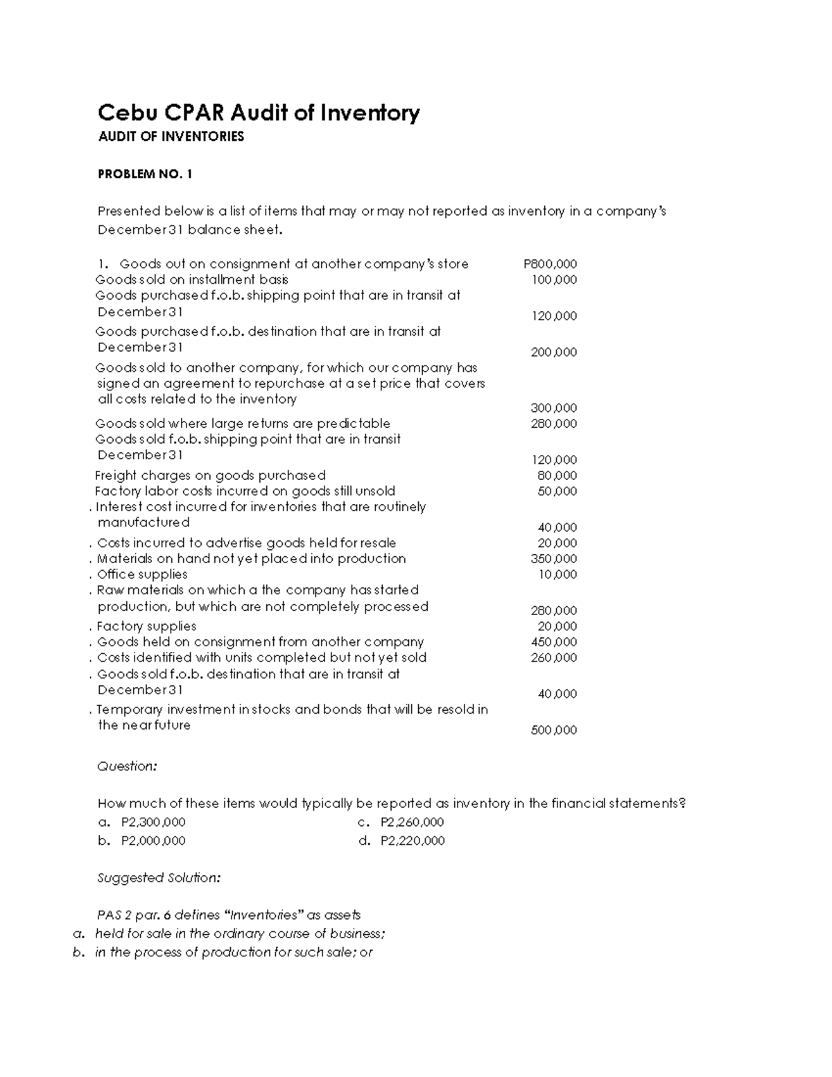 Audit Problems - Inventory - Auditing - Studocu