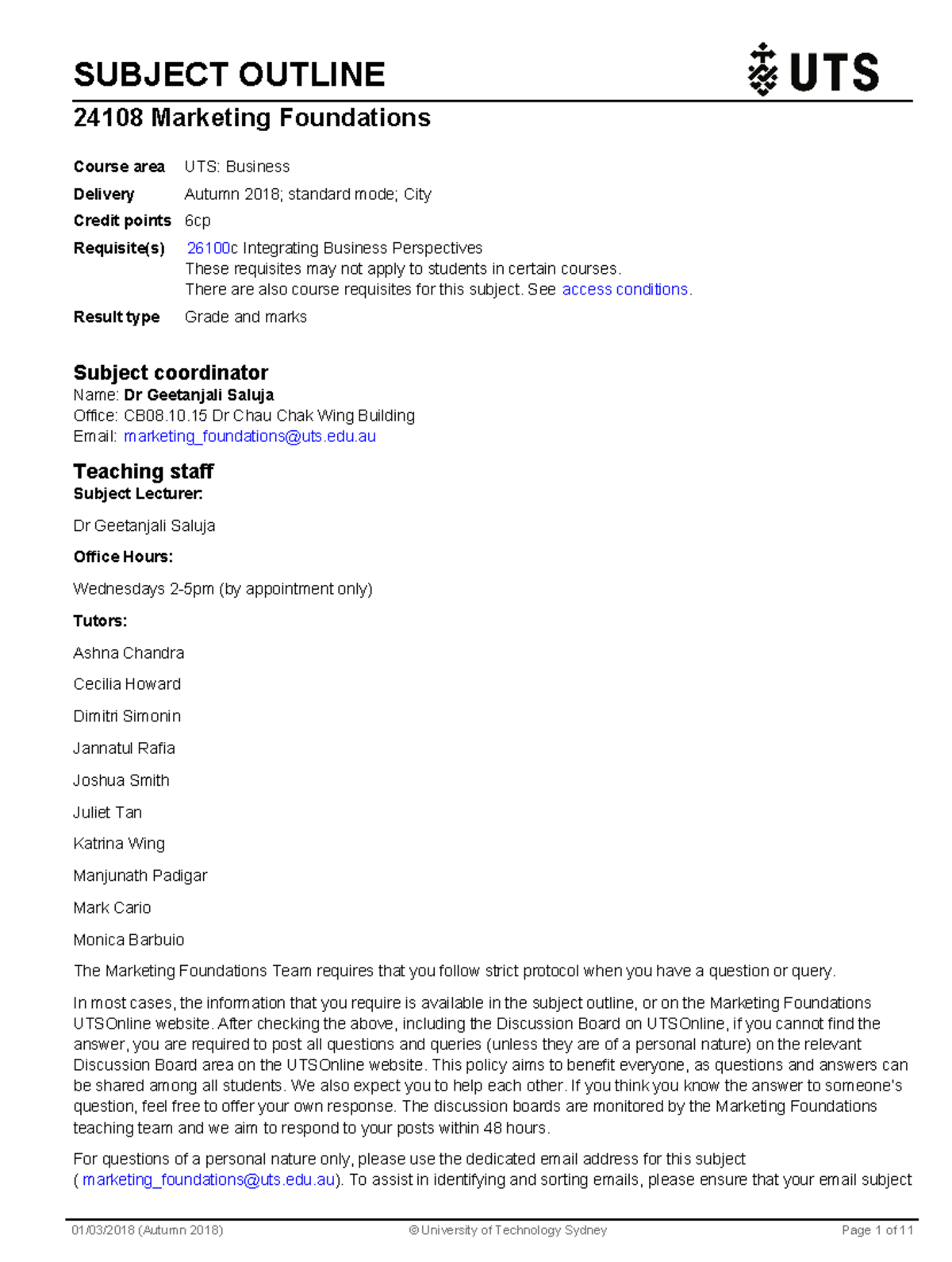 Subject outline - SUBJECT OUTLINE 24108 Marketing Foundations Course ...