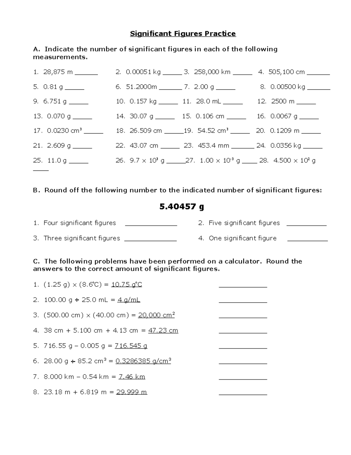 Significant Figures Practice Packet - Significant Figures Practice A ...