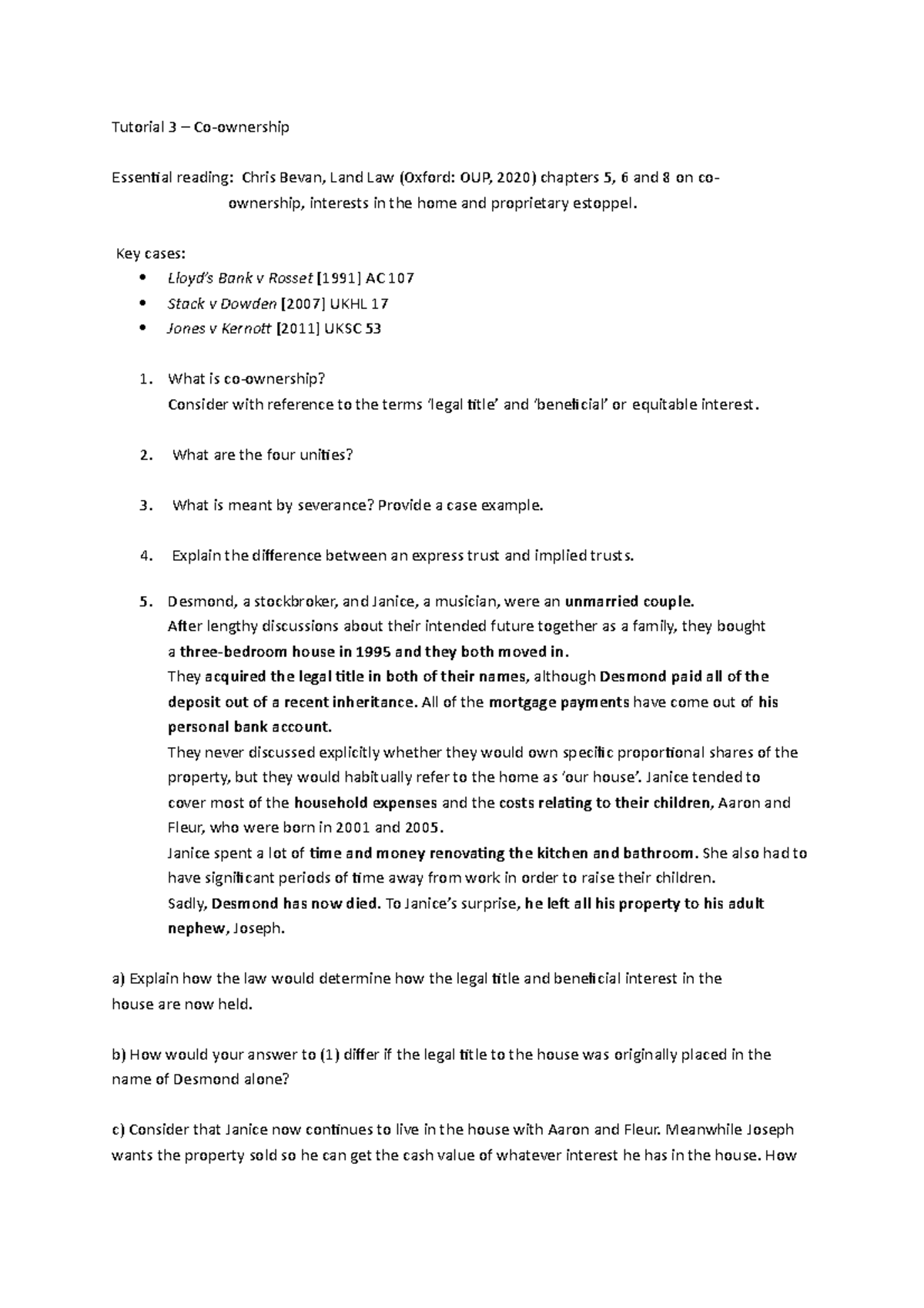 Land Law Tutorial 3 - Co-ownership - Tutorial 3 – Co-ownership ...