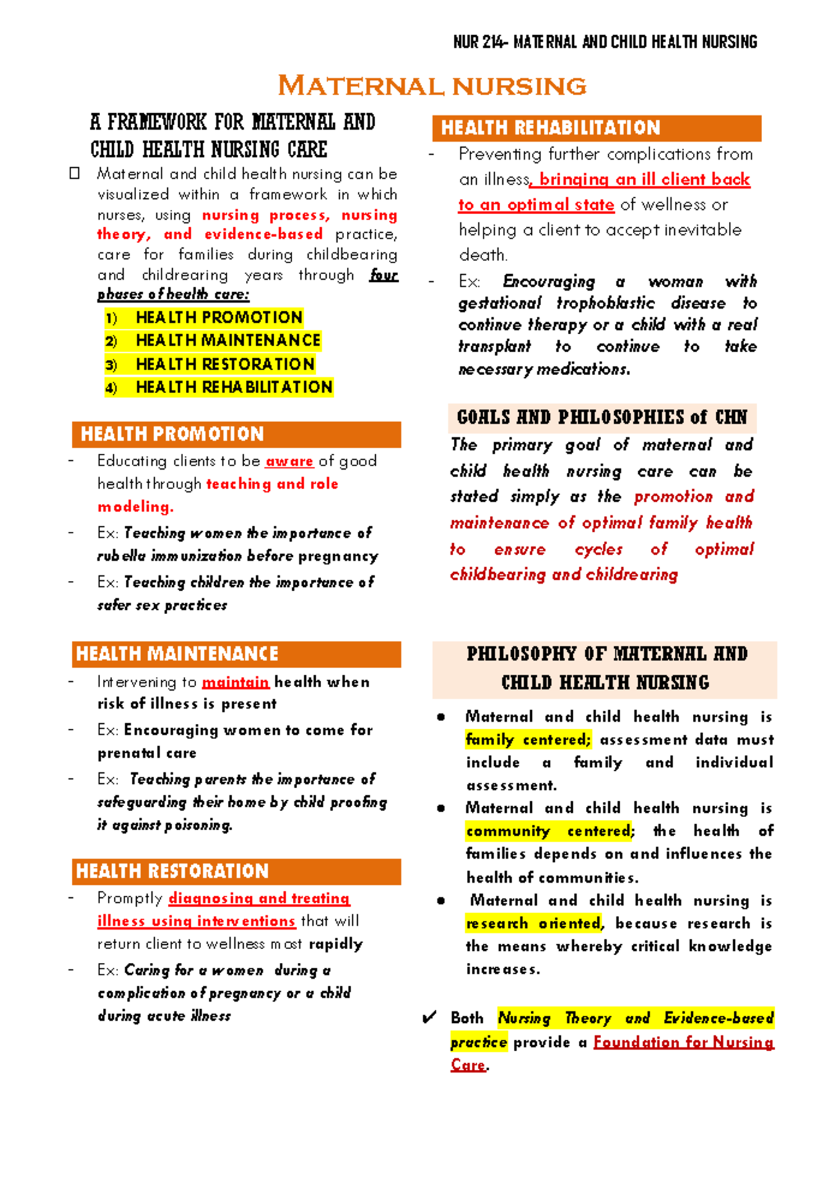 Maternal- Reviewer - A FRAMEWORK FOR MATERNAL AND CHILD HEALTH NURSING ...