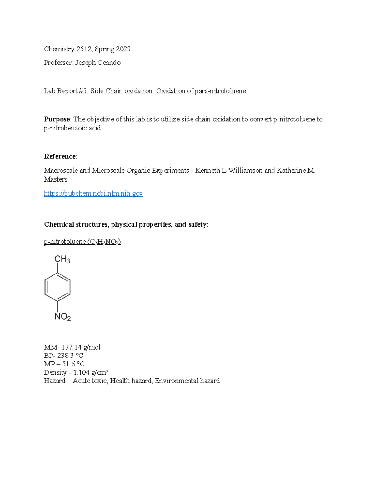 Organic Chemistry 2 Lab report 5 Chemistry 2512, Spring 2023