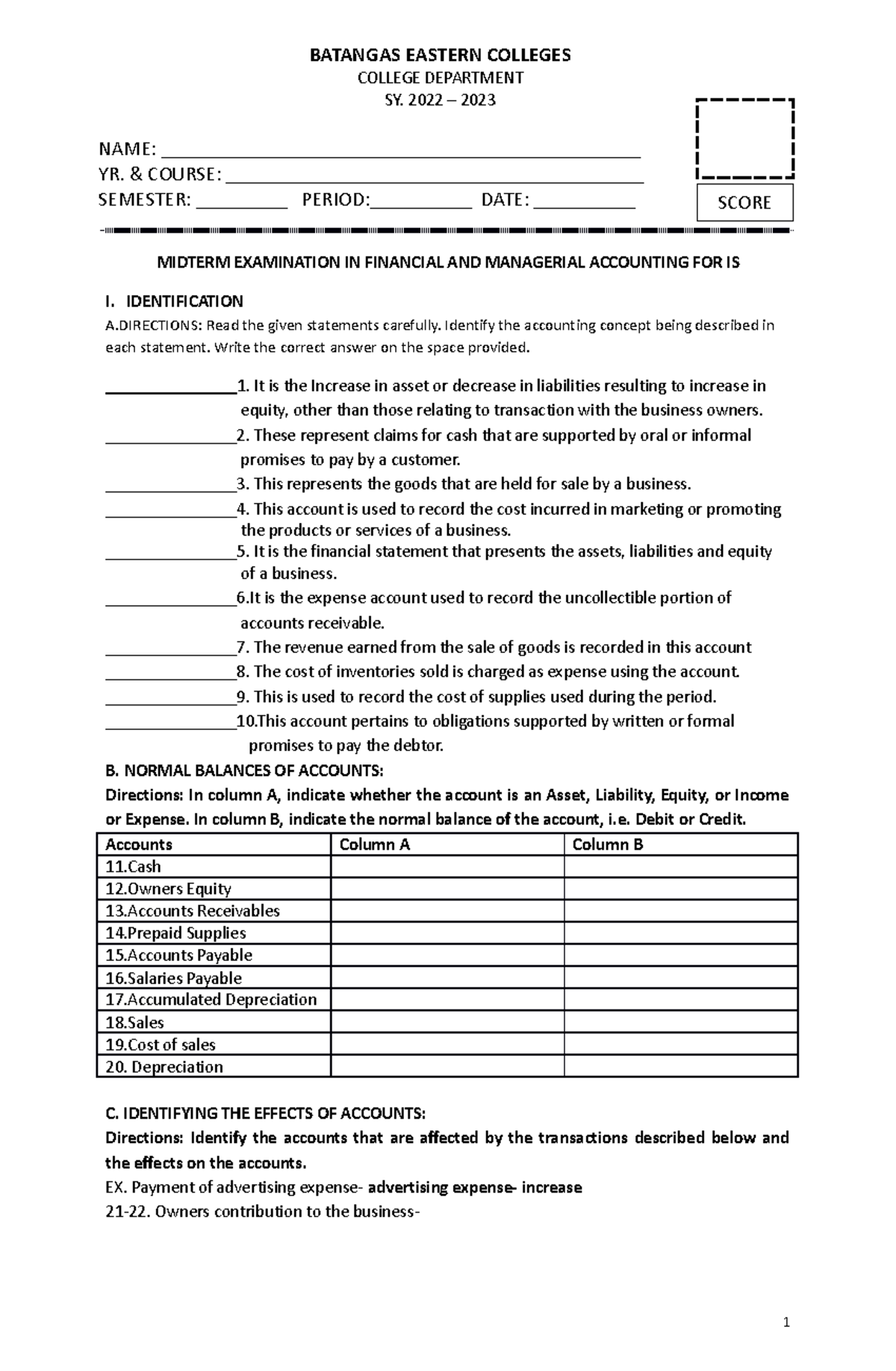 management science - MIDTERM EXAMINATION IN FINANCIAL AND MANAGERIAL ...