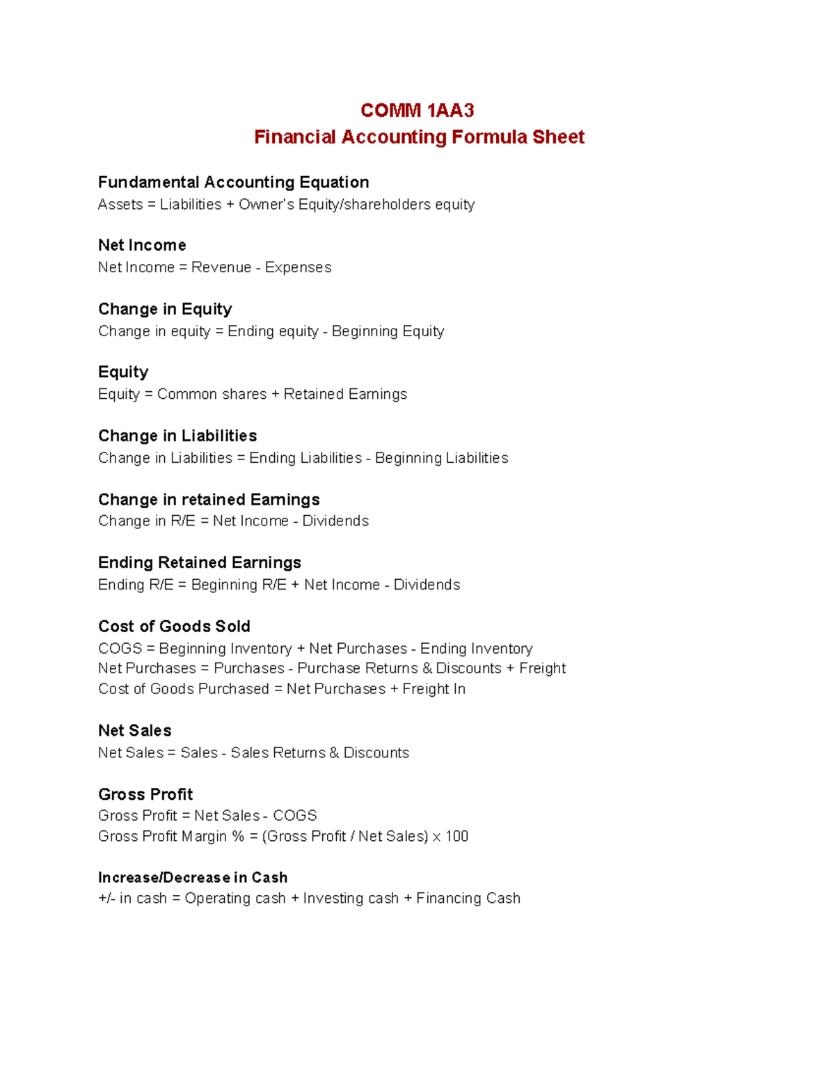 Accounting Formula Sheet COMM 1AA Financial Accounting Formula Sheet 
