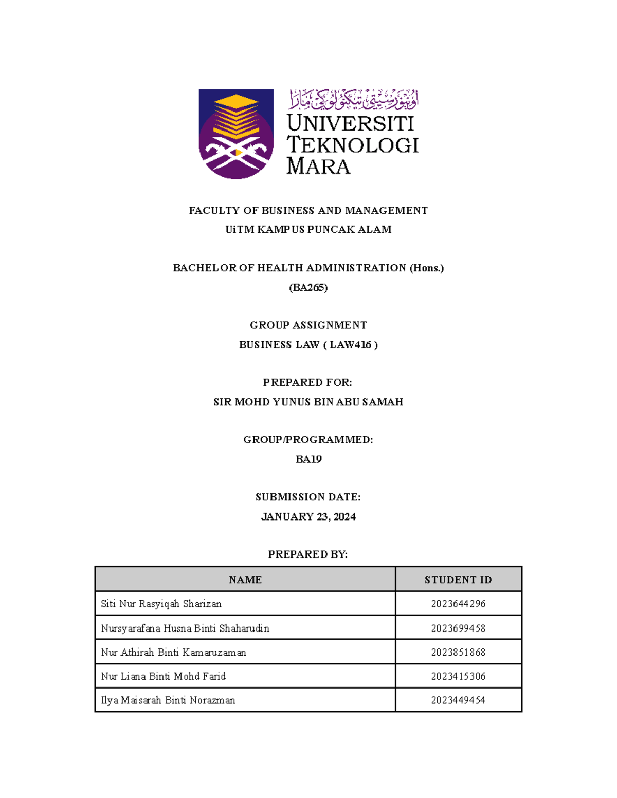 Group 03 - [ LAW416 - Assignment] - FACULTY OF BUSINESS AND MANAGEMENT ...