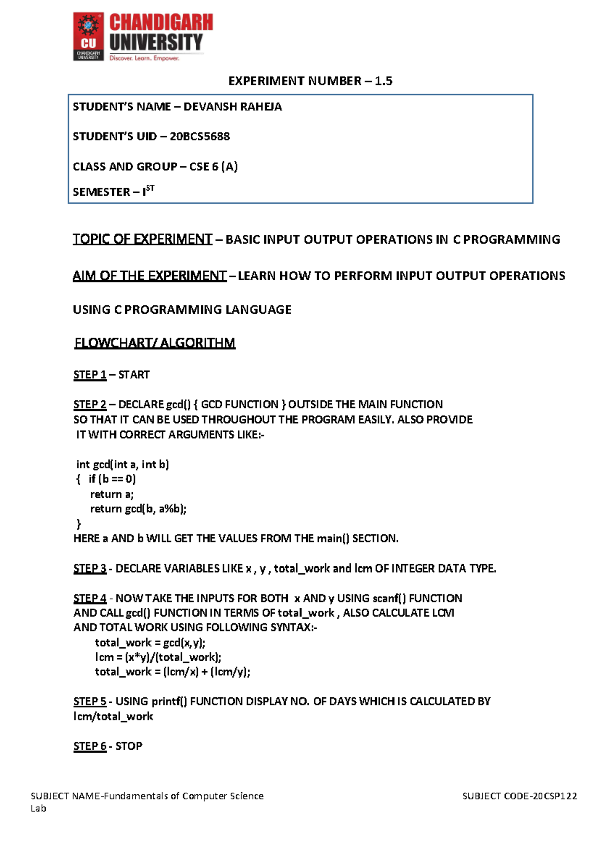 CSP Practical 1 - SUBJECT NAME-Fundamentals of Computer Science SUBJECT ...
