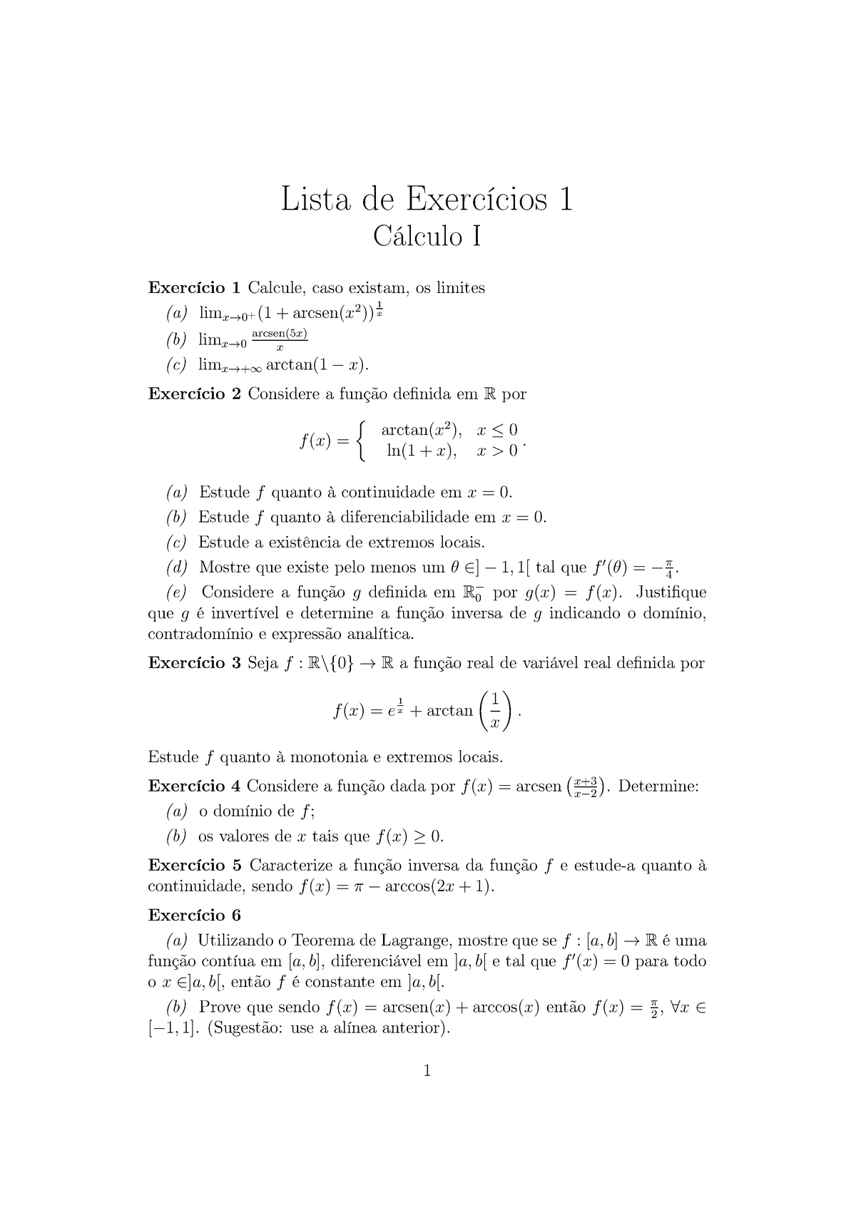 Lista De Exerc Cios 1 - Lista De Exercícios 1 Cálculo I Exercício 1 ...