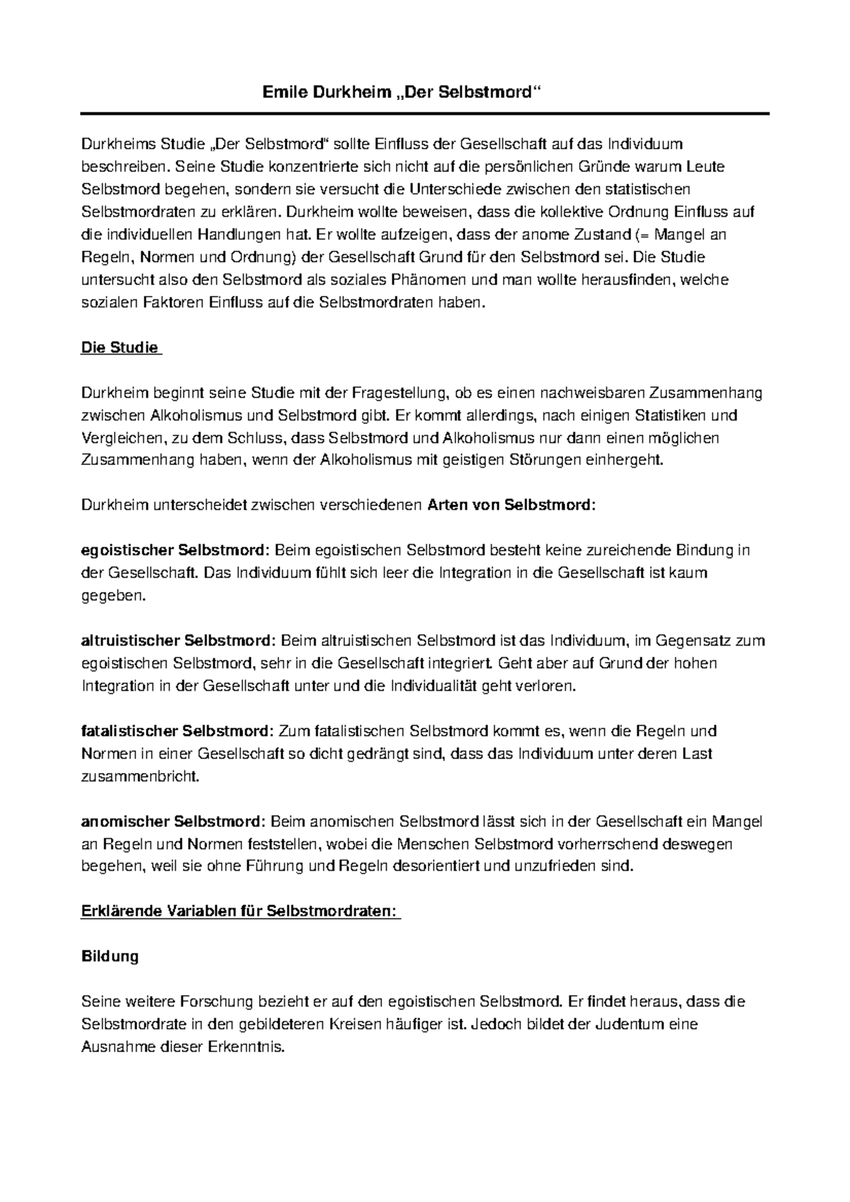 Emile Durkheim Der Selbstmord LV-Methodologie 7.Einheit Emile Durkheim Der Selbstmord Zusammenfassung