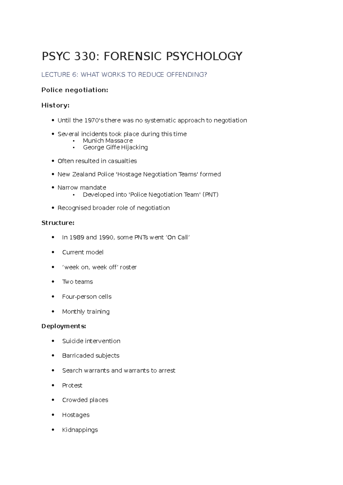 PSYC 330 week 6 - lecture notes - PSYC 330: FORENSIC PSYCHOLOGY LECTURE ...