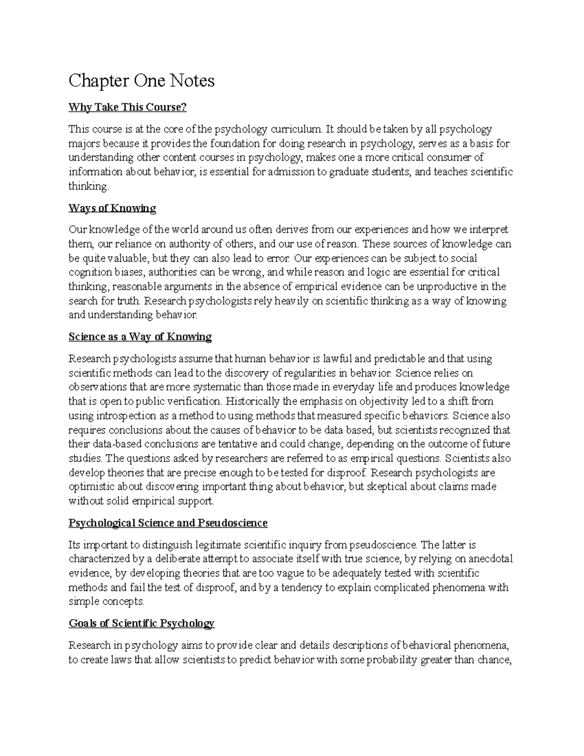 Experimental Psychology Chapter 1 Notes - Chapter One Notes Why Take ...