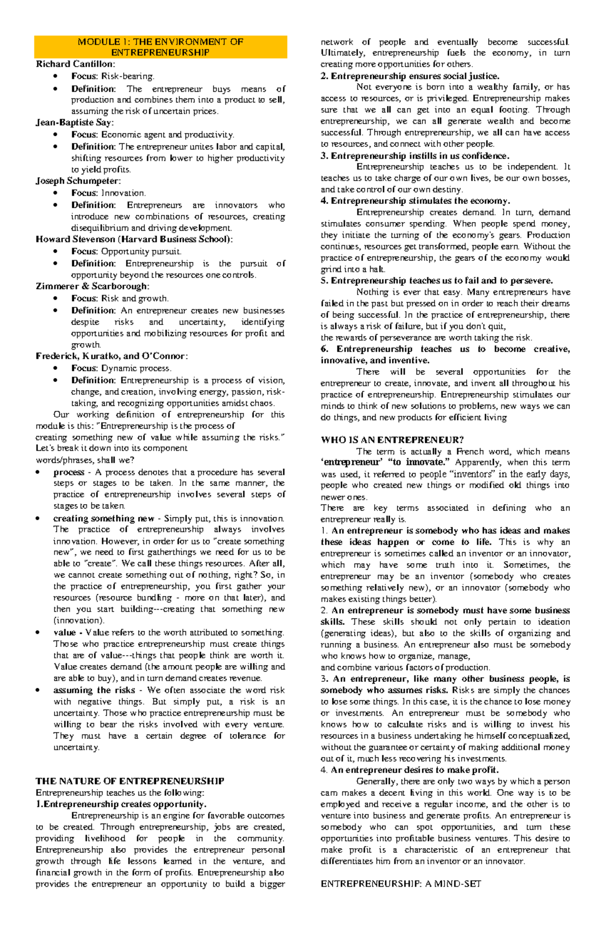 Entrep Reviewer - MODULE 1: THE ENVIRONMENT OF ENTREPRENEURSHIP Richard ...