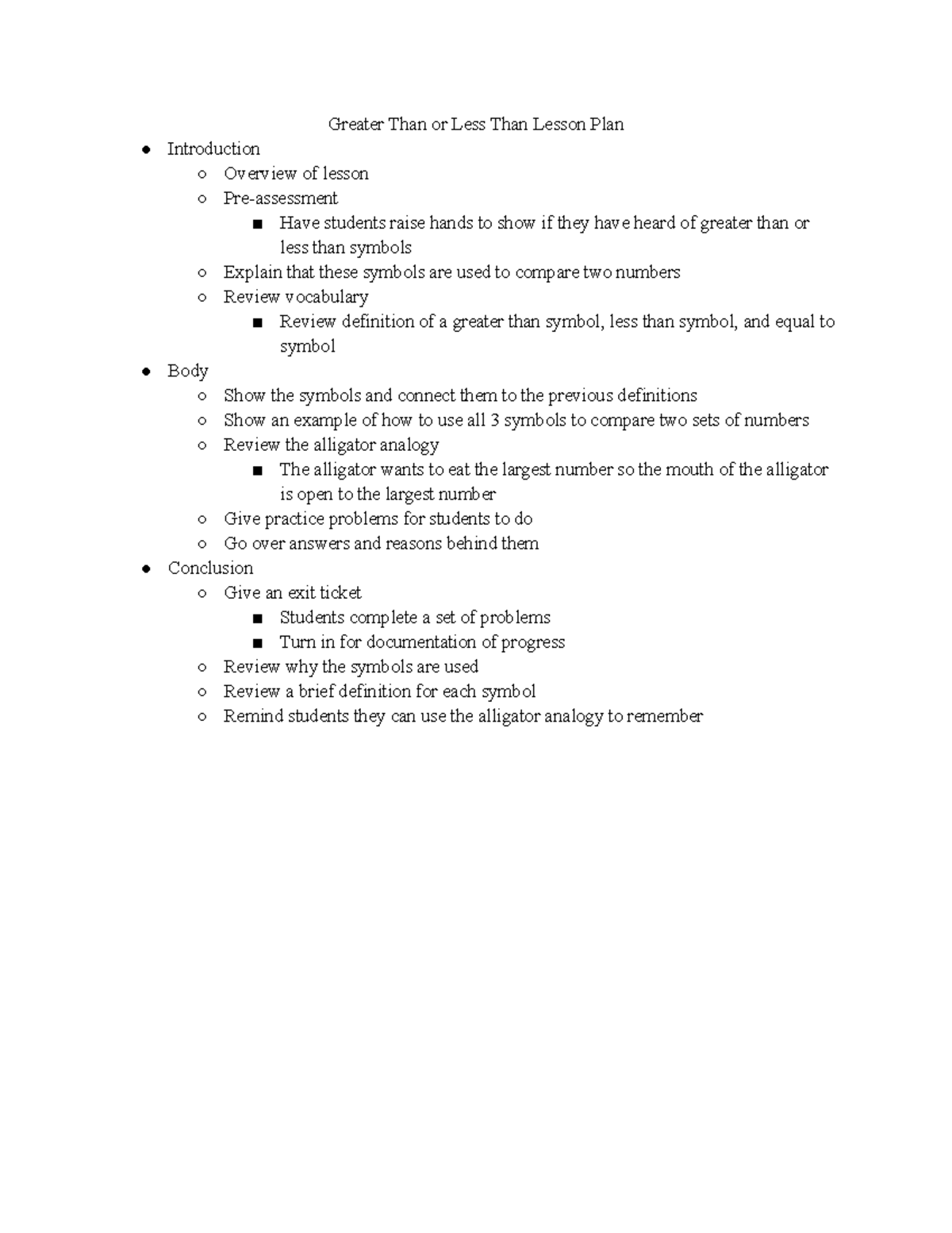 Greater Than Or Less Than Lesson Plan Studocu