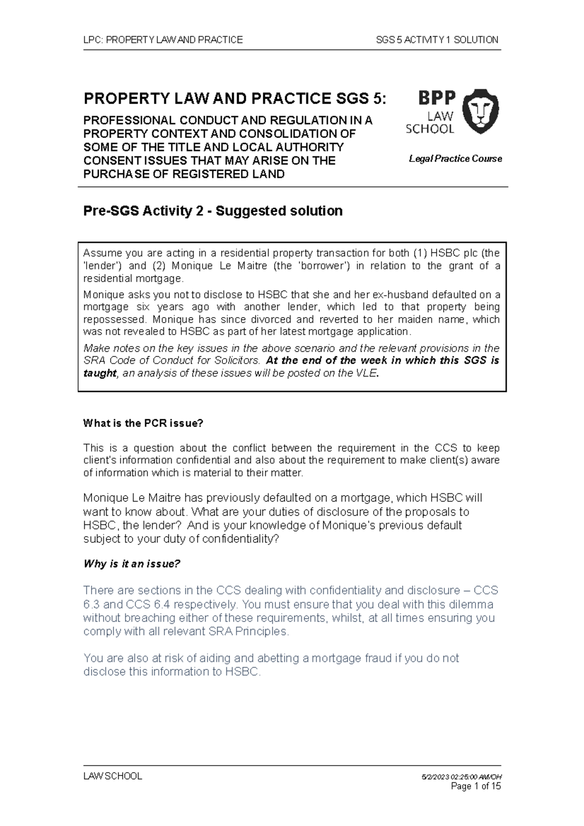 Property SGS 5PCR IN A Property Context LPC PROPERTY LAW AND