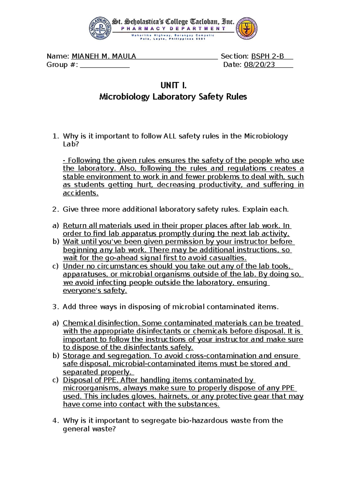 Microbiology Laboratory Safety Rules Micro PARA - Name: MIANEH M. MAULA ...