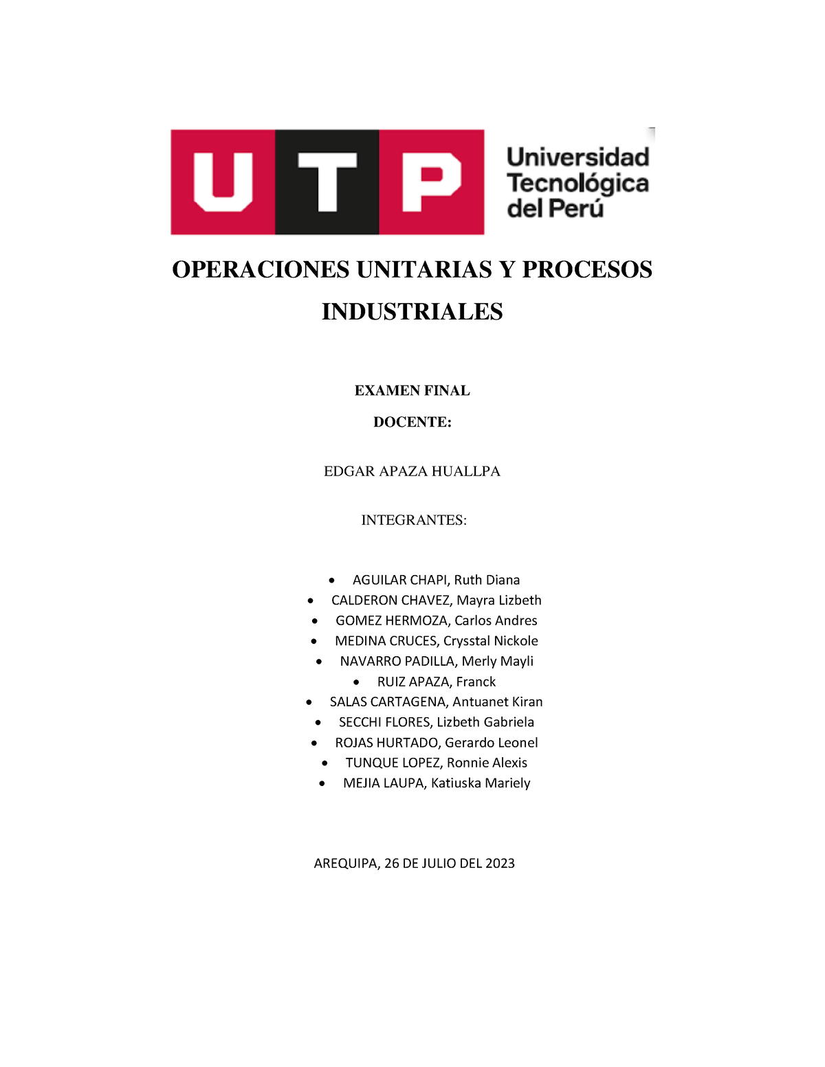 Examen Final Op Unitarias Operaciones Unitarias Y Procesos Industriales Examen Final Docente 0779