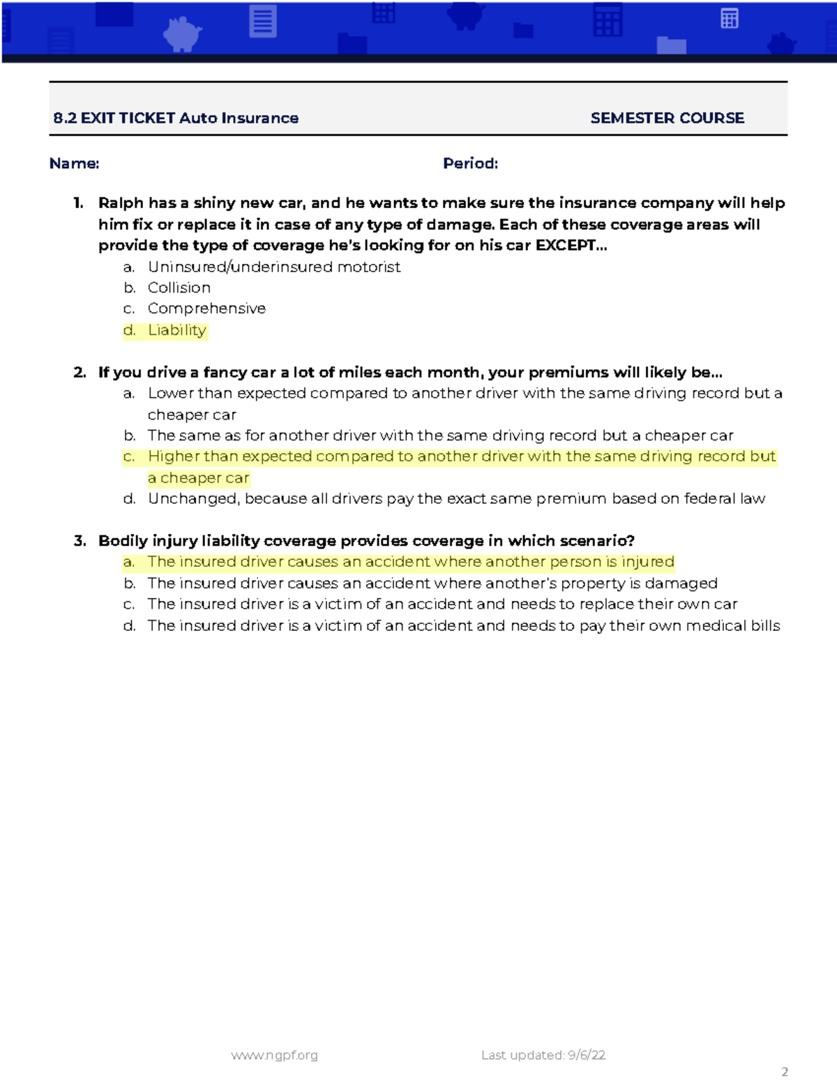 Auto insurance exit ticket - 8 EXIT TICKET Auto Insurance SEMESTER ...