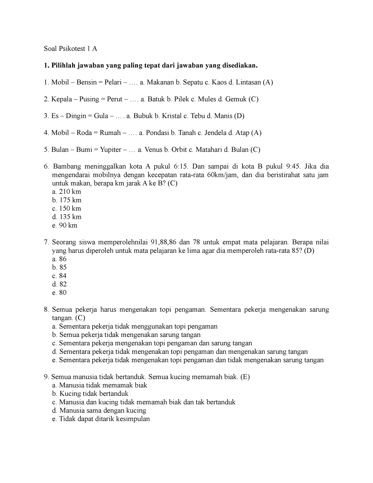 Contoh Soal Psikotes Dan Jawabannya - Soal Psikotest 1 A Pilihlah ...