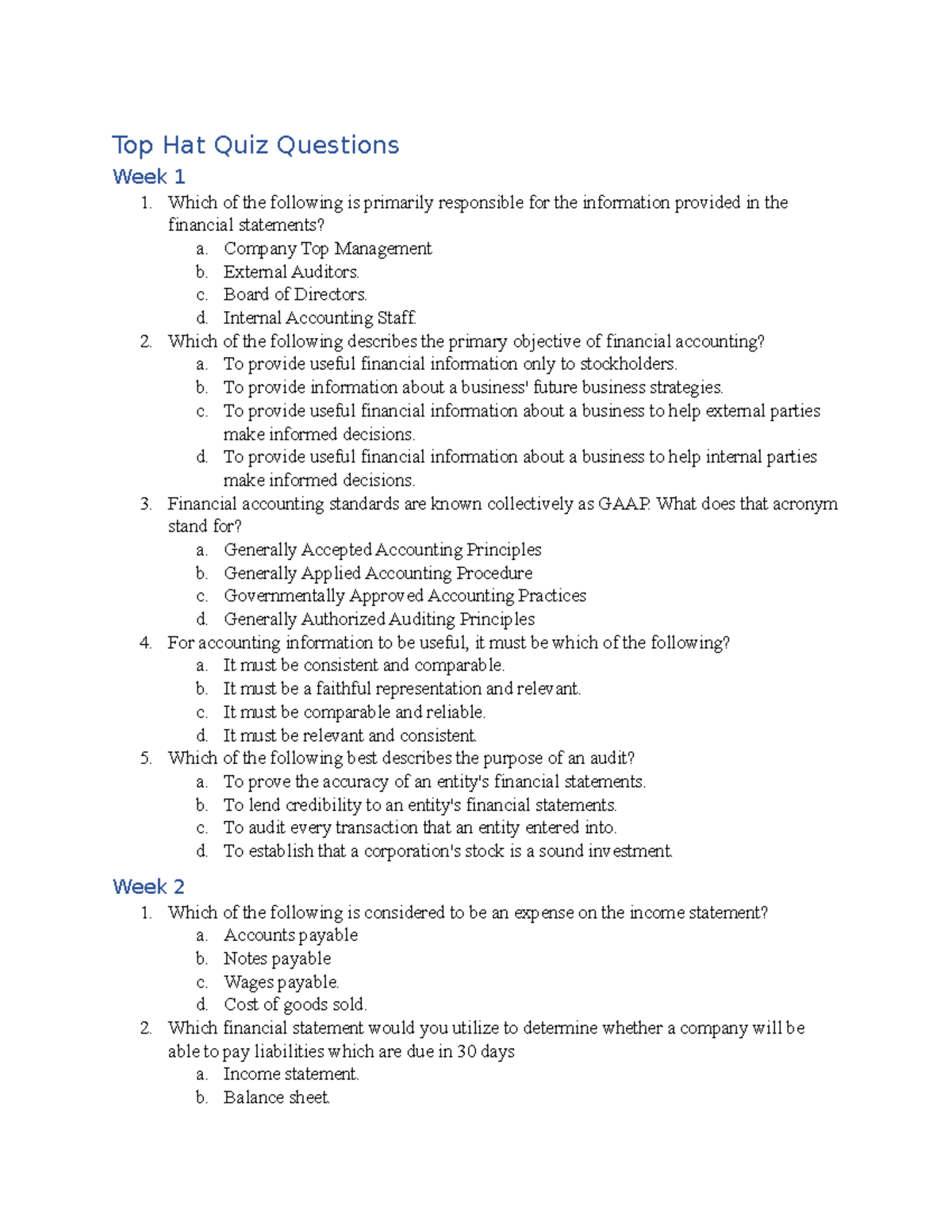 Final exam top hat review1 Top Hat Quiz Questions Week 1 Which of