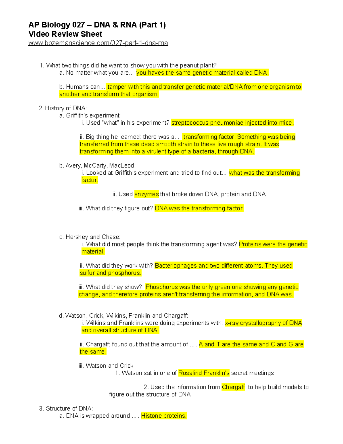 AP Bio Bozeman DNA & RNA WKS AP Biology 027 DNA & RNA (Part 1